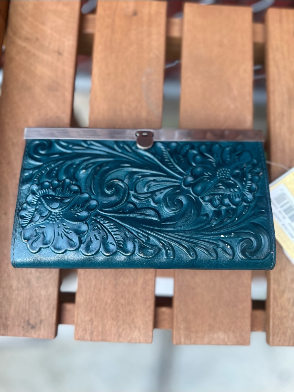 Teal Floral Tooled Leather Wallet - Women Accessories